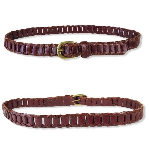 Vintage Genuine Leather Brown Woven Braided Belt Brass Buckle M L - Picture 1 of 10